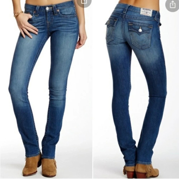 True Religion Medium Wash Slim Straight Leg Distressed Jeans Size 28 - Picture 1 of 9